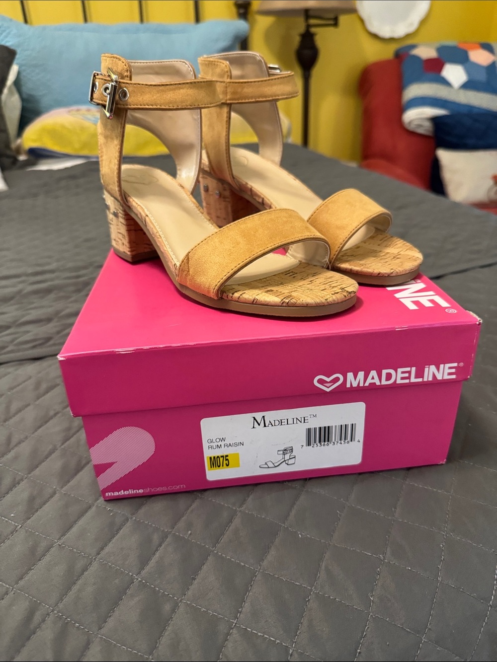 Madeline Open-Toe Ankle Strap Block Heels in Tan Suede